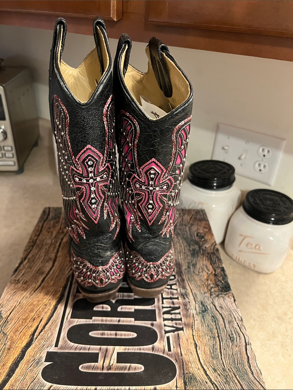 Corral Black Distressed Blingy Leather Cowboy Boots with Pink Embroidery - Picture 4 of 11